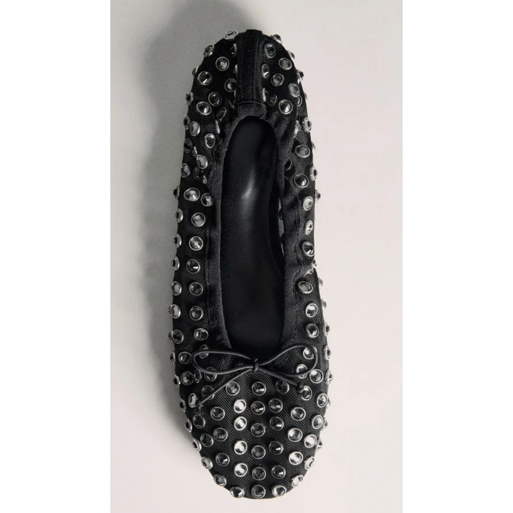 NEW MANGO MNG BLACK STUDDED RHINESTONE MESH BALLERINA BALLET FLATS SHOES 38 7.5 - Picture 8 of 14
